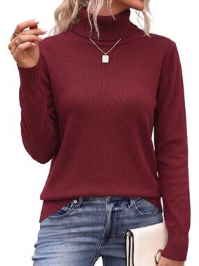 Women’s Wine Red Long Sleeve Spilt Hem Knit Pullover Tops Chunky Knit Sweater